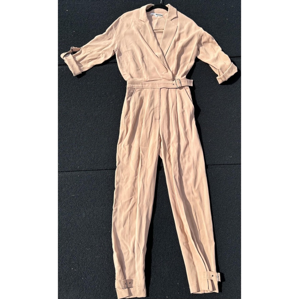 Tracy Reese Jumpsuit Womens XS Beige Belted Utility Pockets Buckle Strap Classic